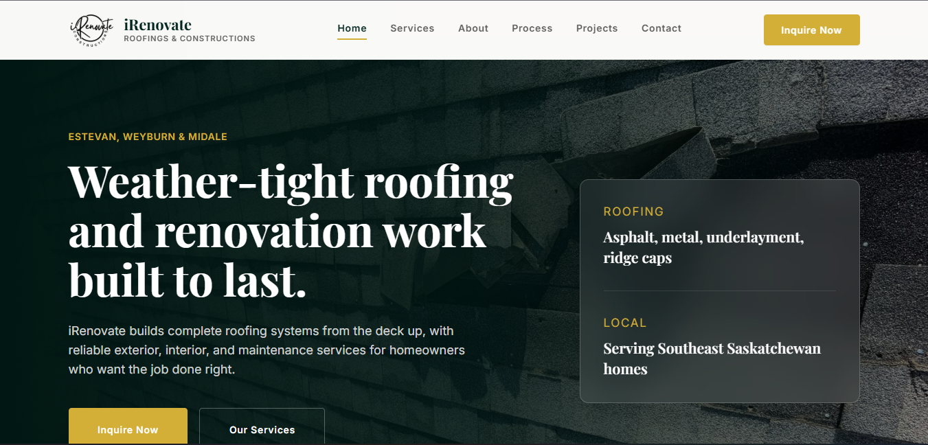 iRenovate roofing and construction website screenshot